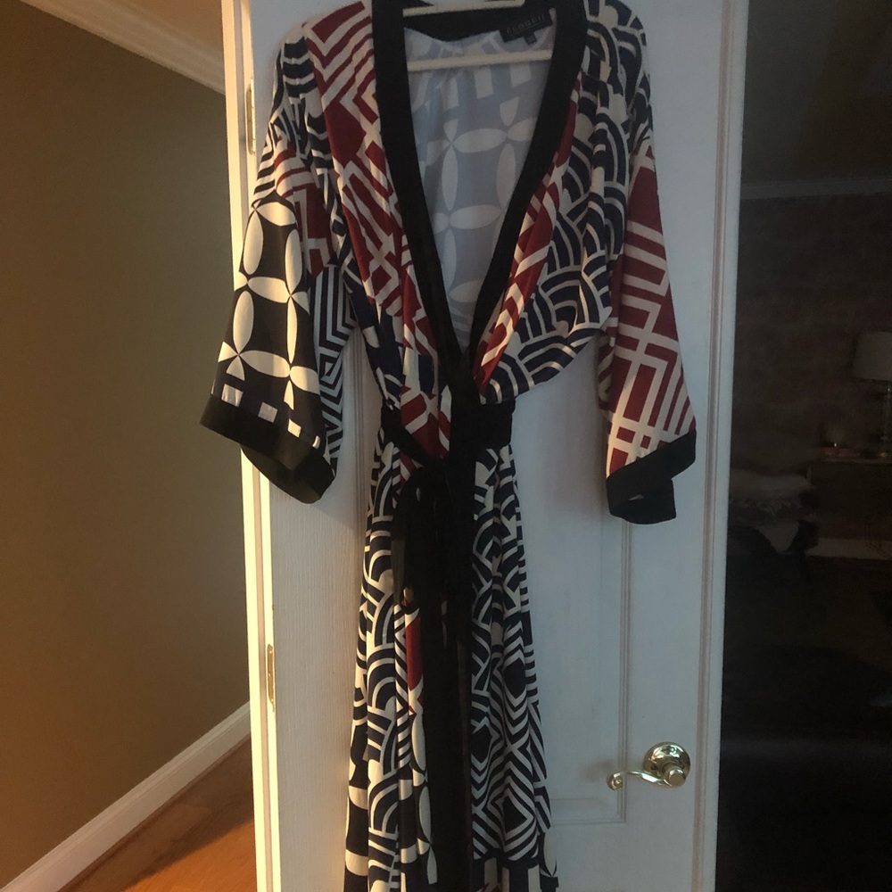 Eloquii kimono style wrap midi dress in deep red, black and off white.